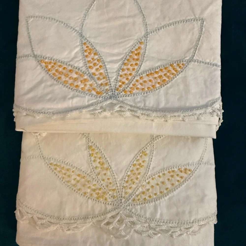 Vintage White Cotton Pillowcase Set 4 Hand Embroidered Lotus Flower Crochet Lace